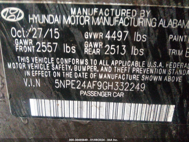 Hyundai SONATA SE 2016 5NPE24AF9GH332249 Image 9