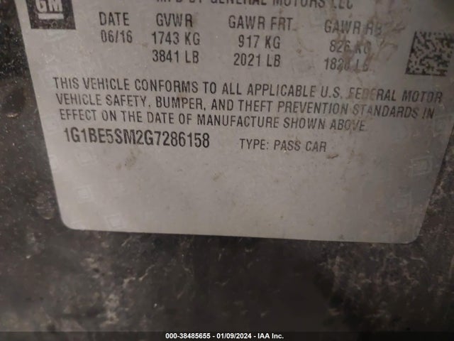 2016 CHEVROLET CRUZE LT AUTO VIN: 1G1BE5SM2G7286158