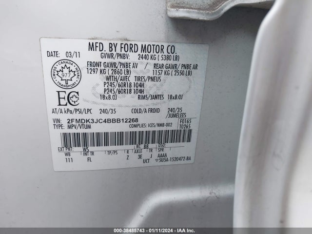 2011 FORD EDGE SEL VIN: 2FMDK3JC4BBB12268
