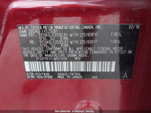 2018 TOYOTA RAV4 LE VIN: 2T3ZFREV1JW453409