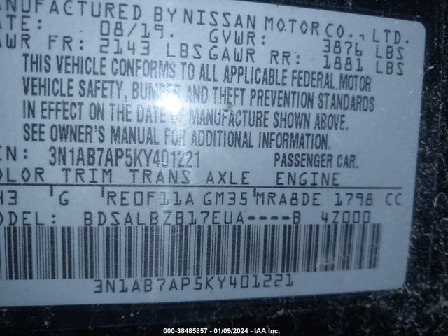 2019 NISSAN SENTRA S VIN: 3N1AB7AP5KY401221