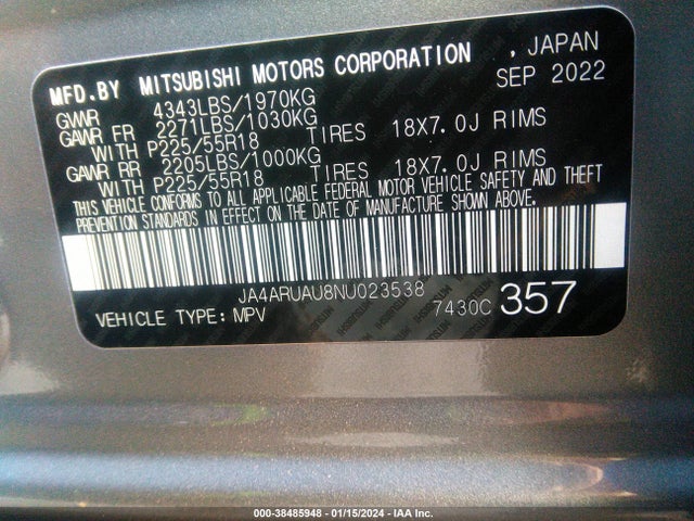 2022 MITSUBISHI OUTLANDER SPORT JA4ARUAU8NU023538 Photo 8