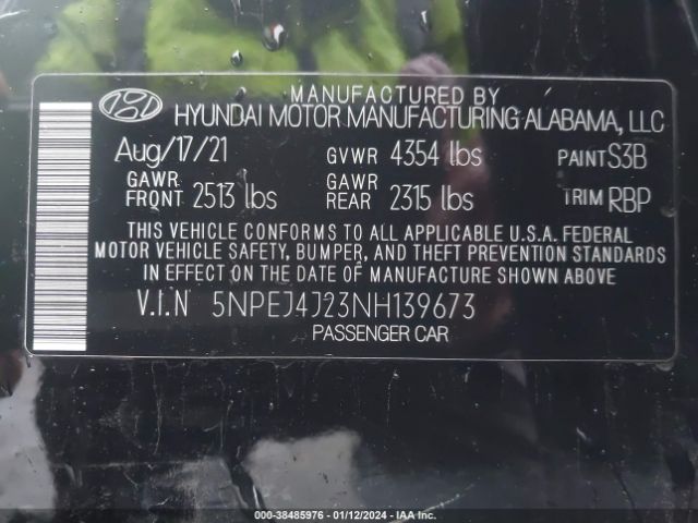5NPEJ4J23NH139673 Hyundai Sonata Sel Plus