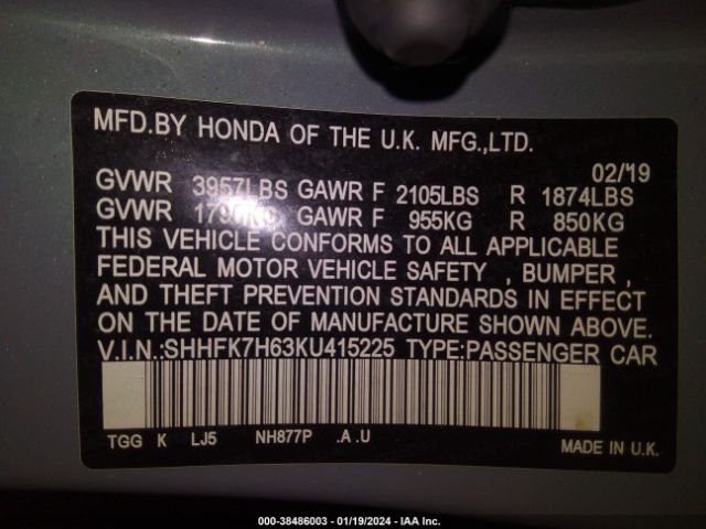 SHHFK7H63KU415225 Honda CIVIC EX