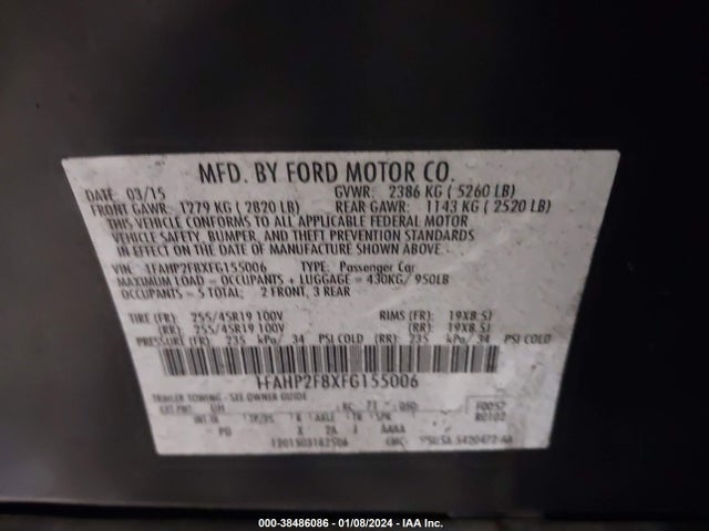 Ford Taurus Limited 2015 1FAHP2F8XFG155006 Image 9
