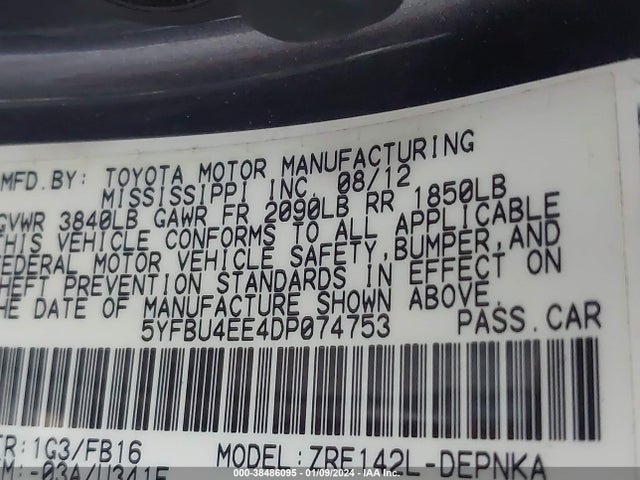 2013 TOYOTA COROLLA LE VIN: 5YFBU4EE4DP074753