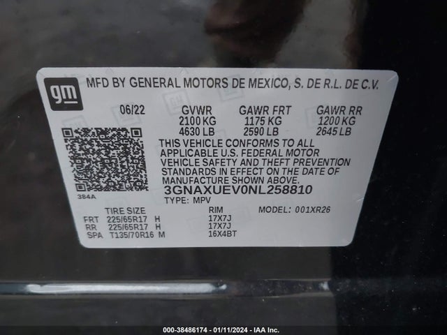 2022 CHEVROLET EQUINOX AWD LT VIN: 3GNAXUEV0NL258810