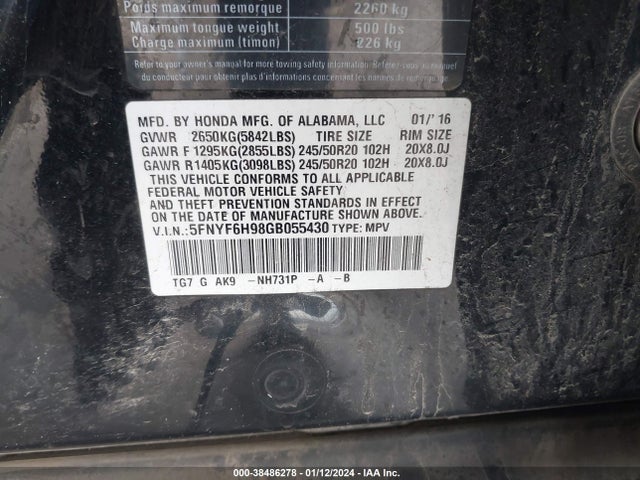 Honda Pilot Touring 2016 5FNYF6H98GB055430 Image 9