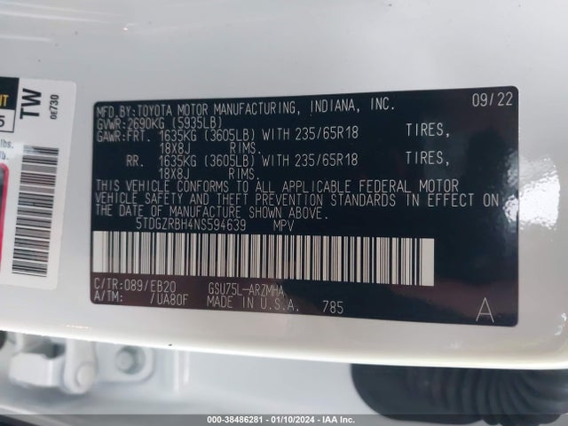 Toyota Highlander Xle 2022 5TDGZRBH4NS594639 Image 9