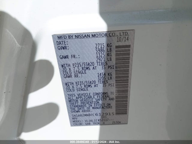 Nissan Pathfinder Platinum 2015 5N1AR2MN8FC612915 Image 9