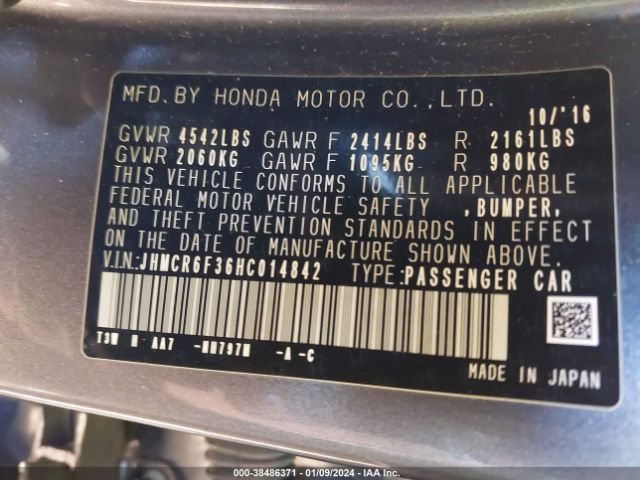 JHMCR6F36HC014842 Honda ACCORD HYBRID
