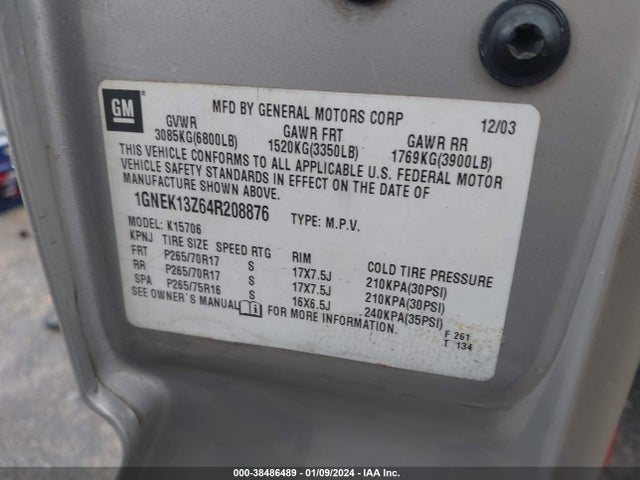38486489 :رقم المزاد ، 1GNEK13Z64R208876 vin ، 2004 Chevrolet Tahoe Z71 مزاد بيع