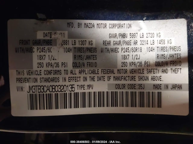 Aukcja sprzedaży 2011 Mazda Cx-9 Touring, vin: JM3TB3CA0B0320135, numer aukcji: 38486583