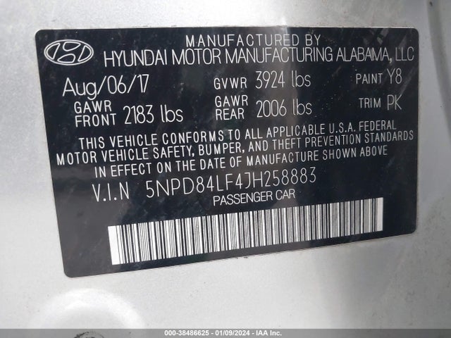 2018 HYUNDAI ELANTRA SEL VIN: 5NPD84LF4JH258883