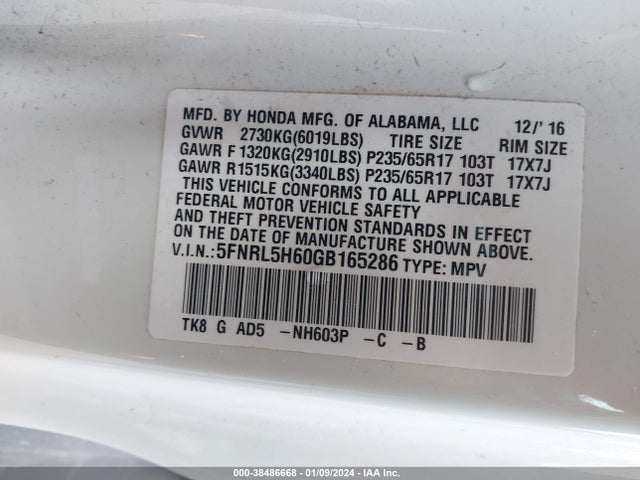 Honda Odyssey Ex-l 2016 5FNRL5H60GB165286 Image 9