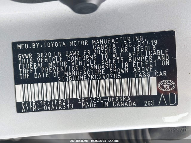 Toyota COROLLA LE 2019 2T1BURHE7KC240785 Image 9