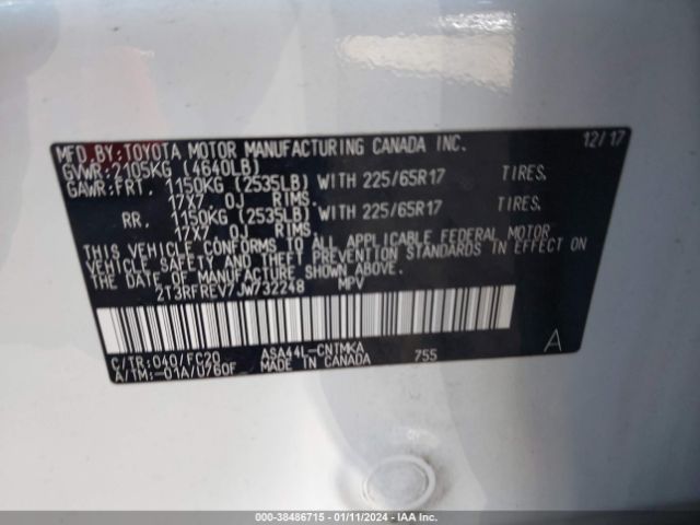 2T3RFREV7JW732248 Toyota Rav4 Xle