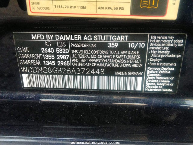 2011 MERCEDES-BENZ S 550 4MATIC VIN: WDDNG8GB2BA372448