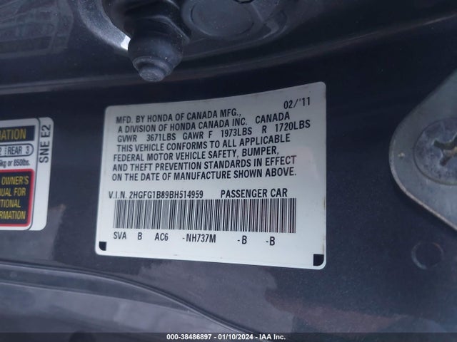 2011 HONDA CIVIC EX VIN: 2HGFG1B89BH514959
