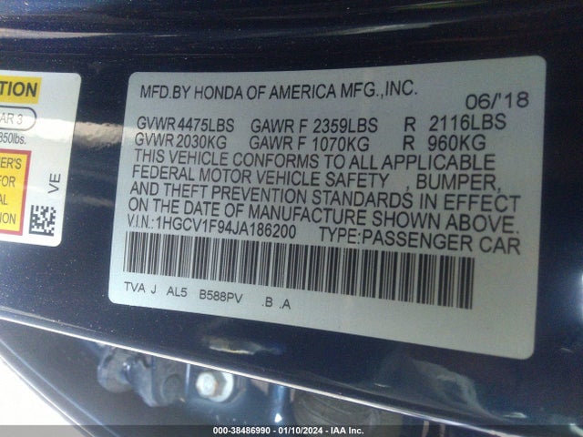 Honda Accord Touring 2018 1HGCV1F94JA186200 Image 9