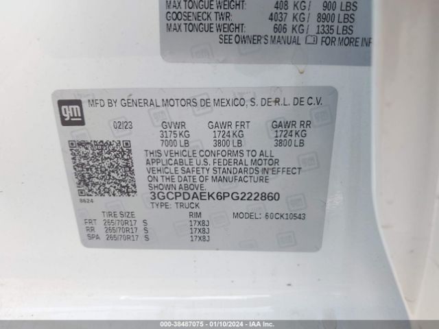 3GCPDAEK6PG222860 Chevrolet Silverado 1500 4wd  Short Bed Wt