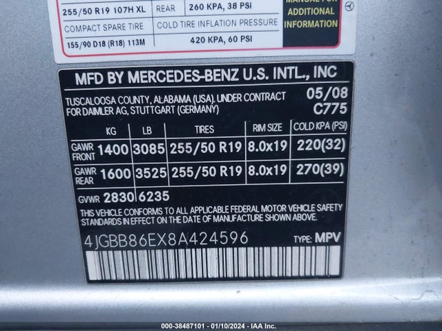 2008 MERCEDES-BENZ ML 350 4MATIC VIN: 4JGBB86EX8A424596