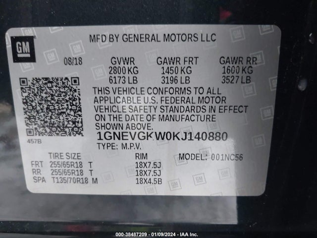Chevrolet Traverse 1lt 2019 1GNEVGKW0KJ140880 Image 9