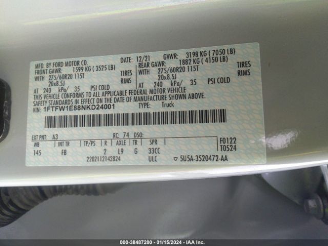 1FTFW1E88NKD24001 Ford F-150 Xlt