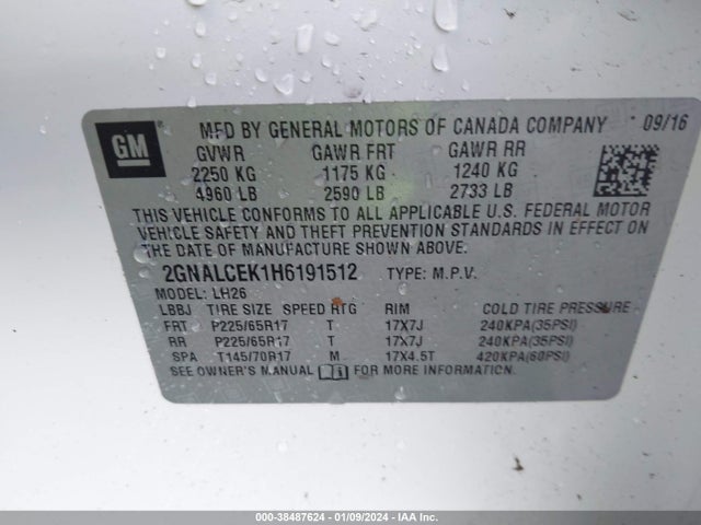 Chevrolet EQUINOX LT 2017 2GNALCEK1H6191512 Image 9