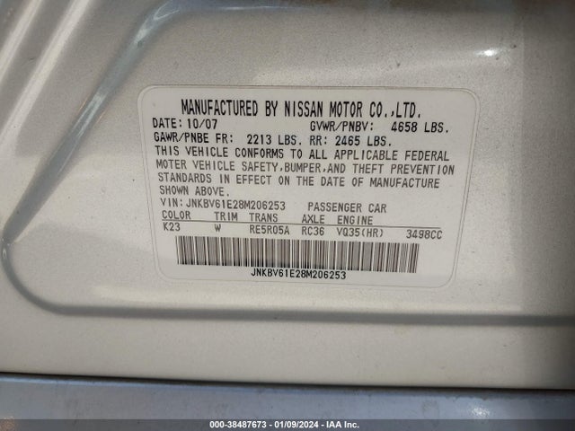 2008 INFINITI G35 JOURNEY VIN: JNKBV61E28M206253