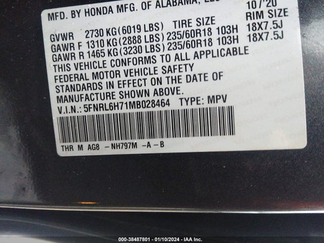 2021 HONDA ODYSSEY EX-L VIN: 5FNRL6H71MB028464