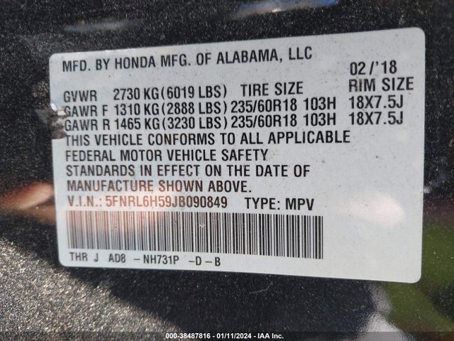 Honda ODYSSEY EX 2018 5FNRL6H59JB090849 Image 9