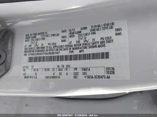 Ford ESCAPE SE 2016 1FMCU9GX7GUB26167 Image 9