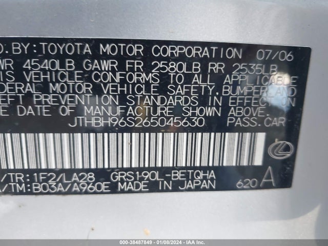 38487849 :رقم المزاد ، JTHBH96S265045630 vin ، 2006 Lexus Gs 300 مزاد بيع
