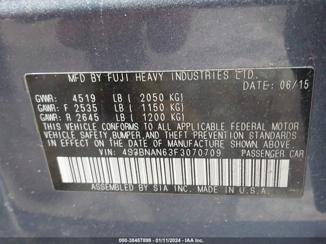 2015 SUBARU LEGACY 2.5I LIMITED VIN: 4S3BNAN63F3070709