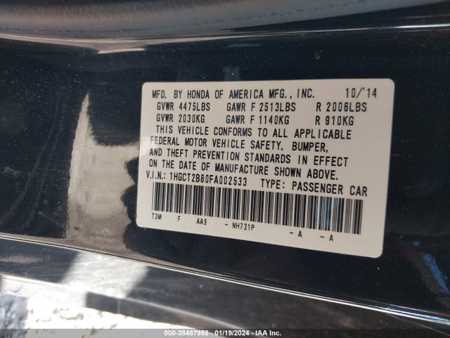Honda Accord Ex-l V-6 2015 1HGCT2B80FA002533 Image 9