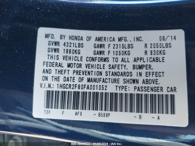 Honda Accord Ex-l 2015 1HGCR2F80FA001052 Image 9