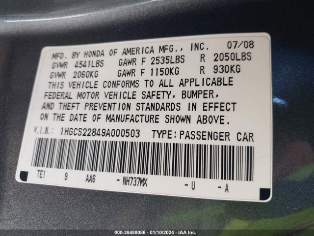 2009 HONDA ACCORD 3.5 EX-L VIN: 1HGCS22849A000503