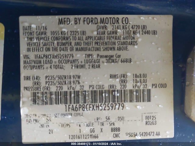 2017 FORD MUSTANG GT VIN: 1FA6P8CFXH5259779