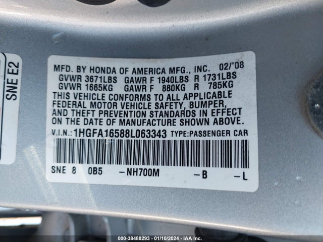 2008 HONDA CIVIC LX VIN: 1HGFA16588L063343