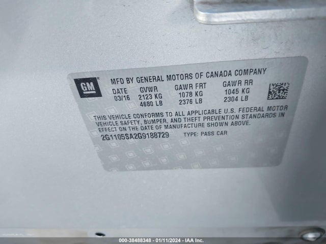 Chevrolet IMPALA 1LT 2016 2G1105SA2G9188729 Image 9