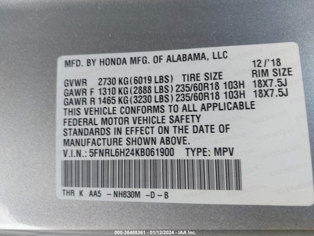 Honda ODYSSEY LX 2019 5FNRL6H24KB061900 Image 9