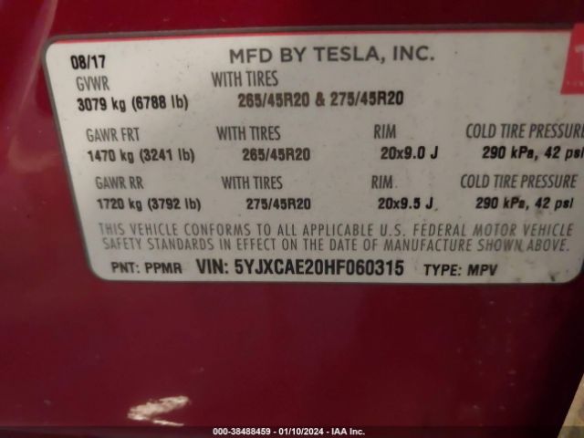 5YJXCAE20HF060315 Tesla Model X 100d/75d/90d