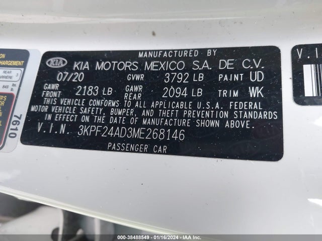 2021 KIA FORTE LXS VIN: 3KPF24AD3ME268146