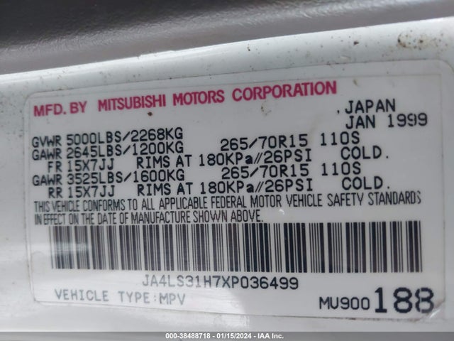 1999 MITSUBISHI MONTERO SPORT LS/XLS VIN: JA4LS31H7XP036499