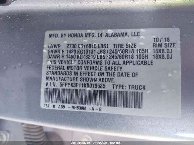 5FPYK3F11KB019585 Honda Ridgeline Sport