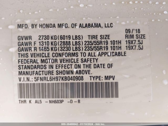 5FNRL6H97KB040908 Honda Odyssey Elite