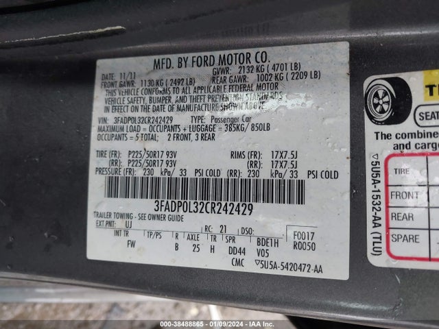 2012 FORD FUSION HYBRID VIN: 3FADP0L32CR242429