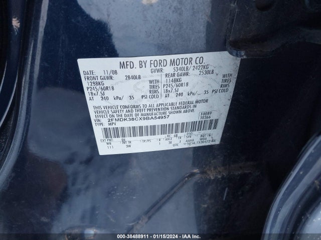 2009 FORD EDGE SEL VIN: 2FMDK38CX9BA54957