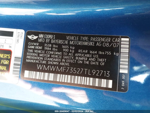 2007 MINI COOPER S WMWMF73527TL92713 Photo 8